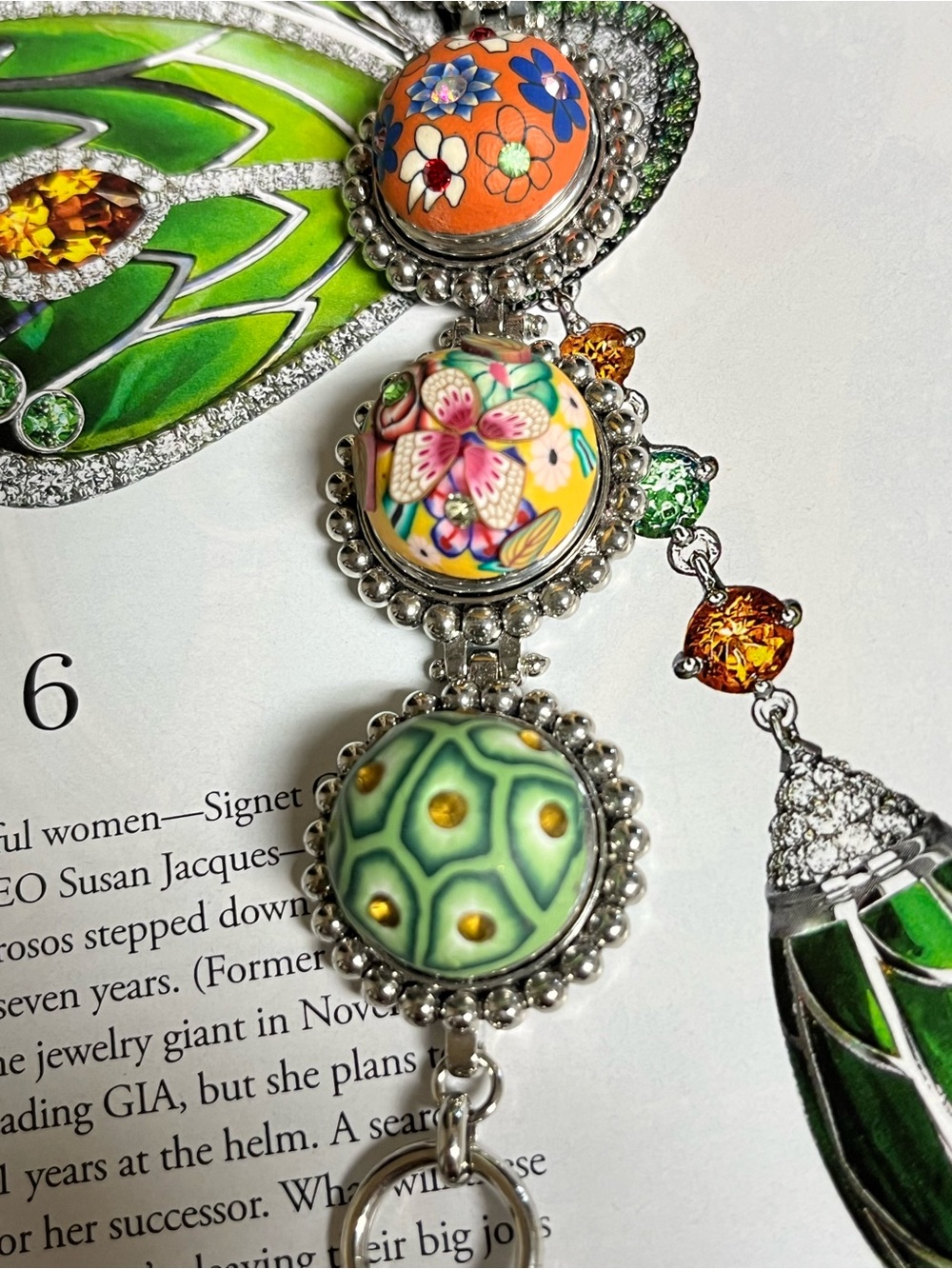 Green Enamel Butterfly Pendant Necklace with Colorful Bead Accents - Picture 3 of 7
